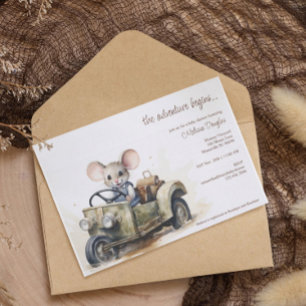 Cute Watercolor Mouse in Green Car Baby Shower Invitation