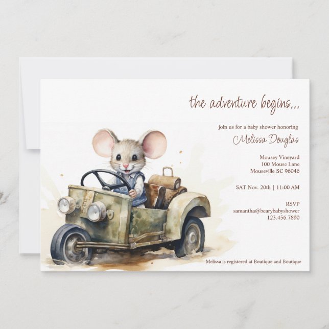 Cute Watercolor Mouse in Green Car Baby Shower Invitation (Front)