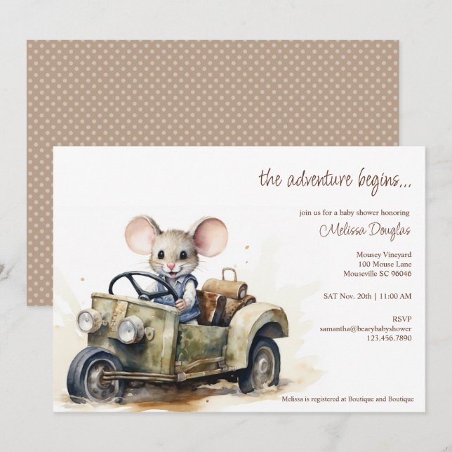 Cute Watercolor Mouse in Green Car Baby Shower Invitation (Front/Back)