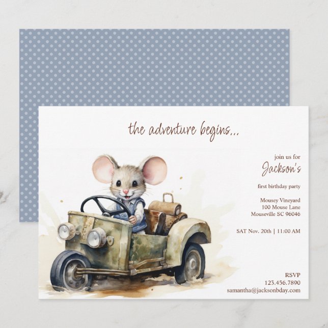 Cute Watercolor Mouse in Green Car Kid's Birthday Invitation (Front/Back)