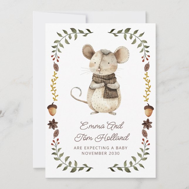 Cute Watercolor Mouse Pregnancy Announcement (Front)