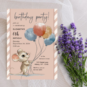 Cute Watercolor Mouse with Balloons Birthday Invitation