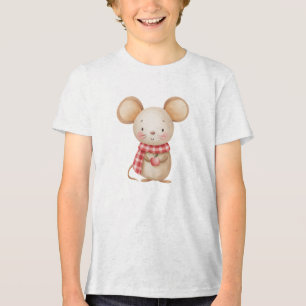 Cute Watercolor Mouse with Red Scarf and Apple  Tri-Blend Shirt