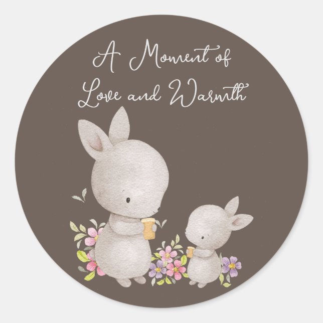 Cute Watercolor Mum and Baby Bunnies Classic Round Sticker (Front)