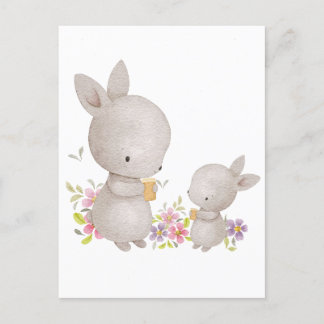 Cute Watercolor Mum and Baby Bunnies Postcard