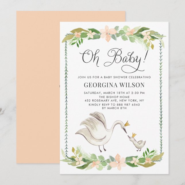 Cute Watercolor Mummy and Baby Swans Baby Shower Invitation (Front/Back)
