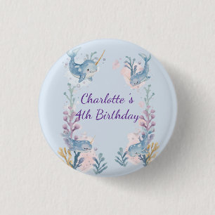 Cute Watercolor Narwhal Whale fish Seamless Sea 3 Cm Round Badge