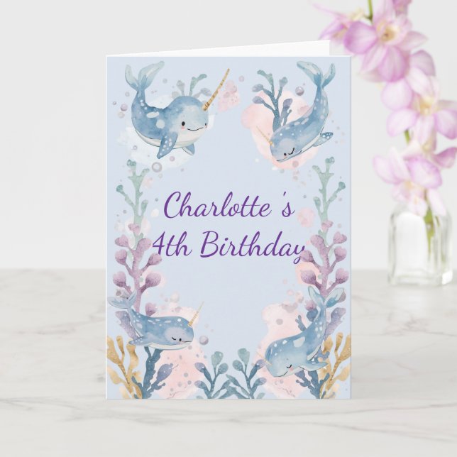 Cute Watercolor Narwhal Whale fish Seamless Sea  Card (Orchid)