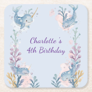 Cute Watercolor Narwhal Whale fish Seamless Sea  Square Paper Coaster