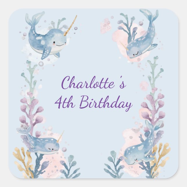 Cute Watercolor Narwhal Whale fish Seamless Sea  Square Sticker (Front)