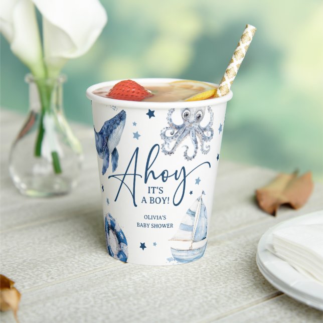 Cute Watercolor Nautical Boy Baby Shower Paper Cups (Insitu)