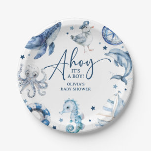 Cute Watercolor Nautical Boy Baby Shower Paper Plate
