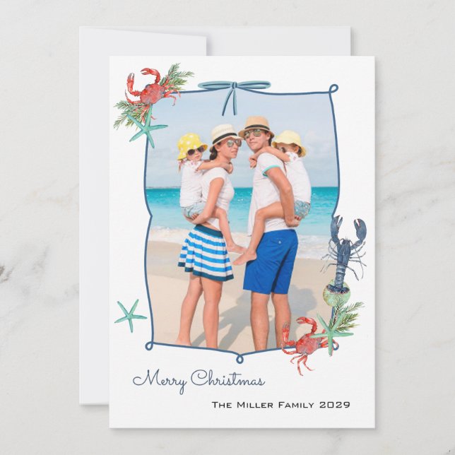 Cute Watercolor Nautical Christmas Photo Holiday Card (Front)