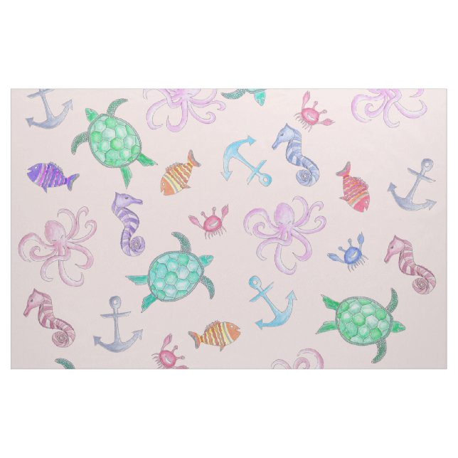 Cute Watercolor Nautical Sea Beach Pattern Fabric (Yard)
