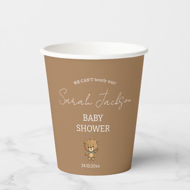 Cute Watercolor Neutral Teddy Bear Baby Shower Paper Cups (Front)