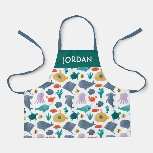 Cute Watercolor Ocean Animals Pattern Apron (Front)