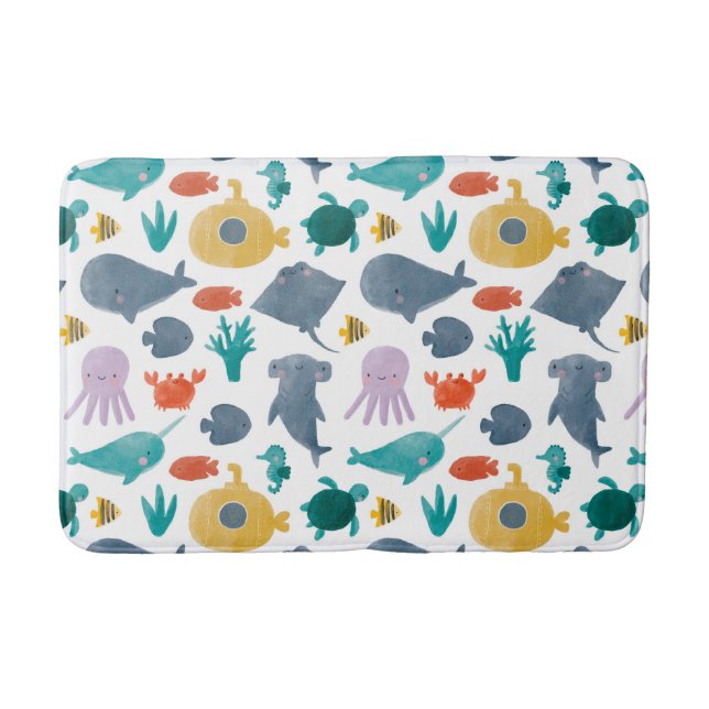 Cute Watercolor Ocean Animals Pattern Bath Mat (Front)
