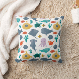 Cute Watercolor Ocean Animals Pattern Cushion