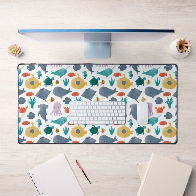 Cute Watercolor Ocean Animals Pattern Desk Mat (Office 1)