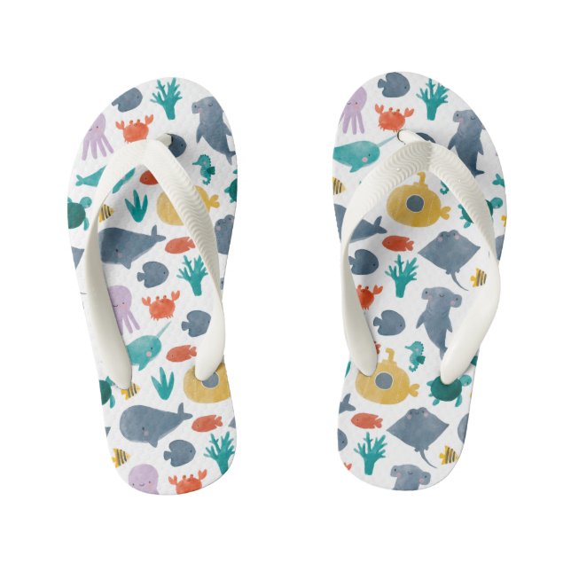 Cute Watercolor Ocean Animals Pattern Kid's Flip Flops (Footbed)