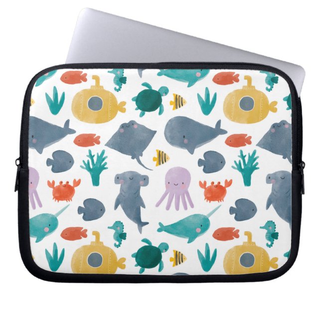 Cute Watercolor Ocean Animals Pattern Laptop Sleeve (Front)