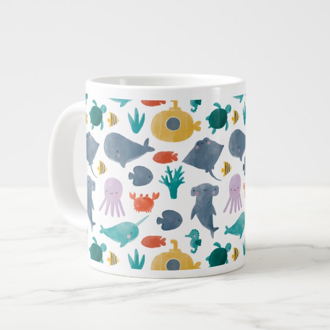 Cute Watercolor Ocean Animals Pattern Large Coffee Mug (Front Left)