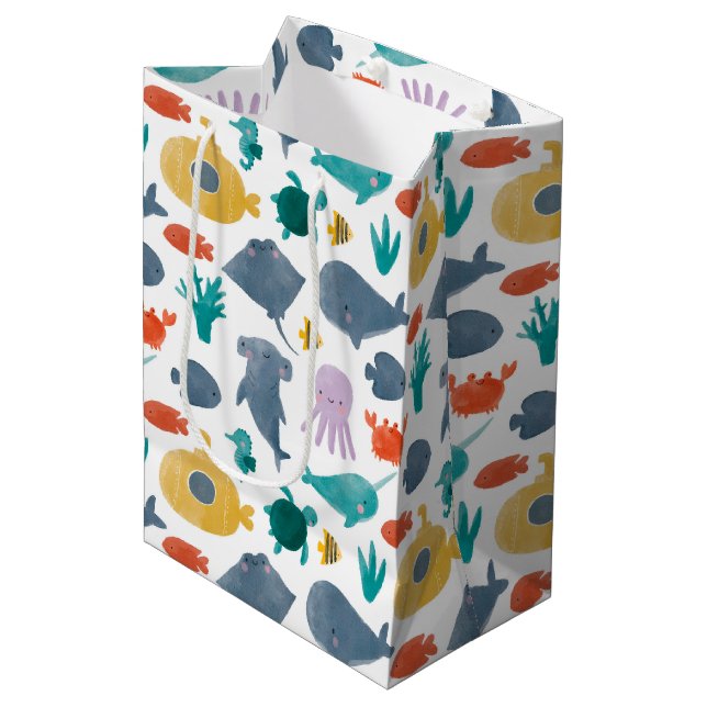 Cute Watercolor Ocean Animals Pattern Medium Gift Bag (Front Angled)