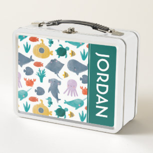 Cute Watercolor Ocean Animals Pattern Metal Lunch Box