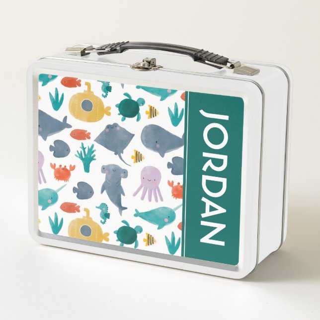 Cute Watercolor Ocean Animals Pattern Metal Lunch Box (Front)