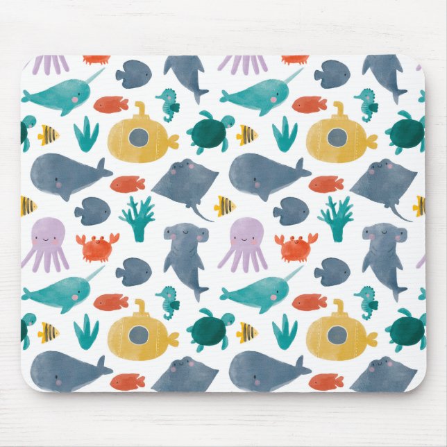Cute Watercolor Ocean Animals Pattern Mouse Mat (Front)