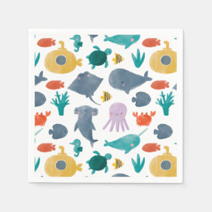 Cute Watercolor Ocean Animals Pattern Napkin