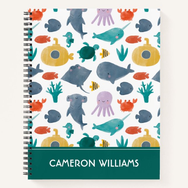 Cute Watercolor Ocean Animals Pattern Notebook (Front)