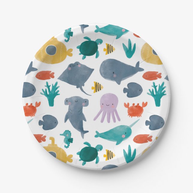 Cute Watercolor Ocean Animals Pattern Paper Plate (Front)
