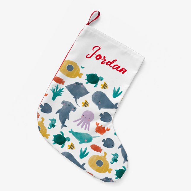 Cute Watercolor Ocean Animals Pattern Small Christmas Stocking (Front (Hanging))