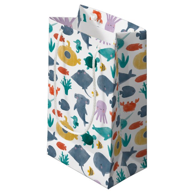 Cute Watercolor Ocean Animals Pattern Small Gift Bag (Front Angled)