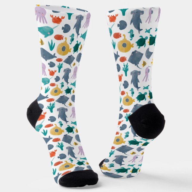 Cute Watercolor Ocean Animals Pattern Socks (Angled)