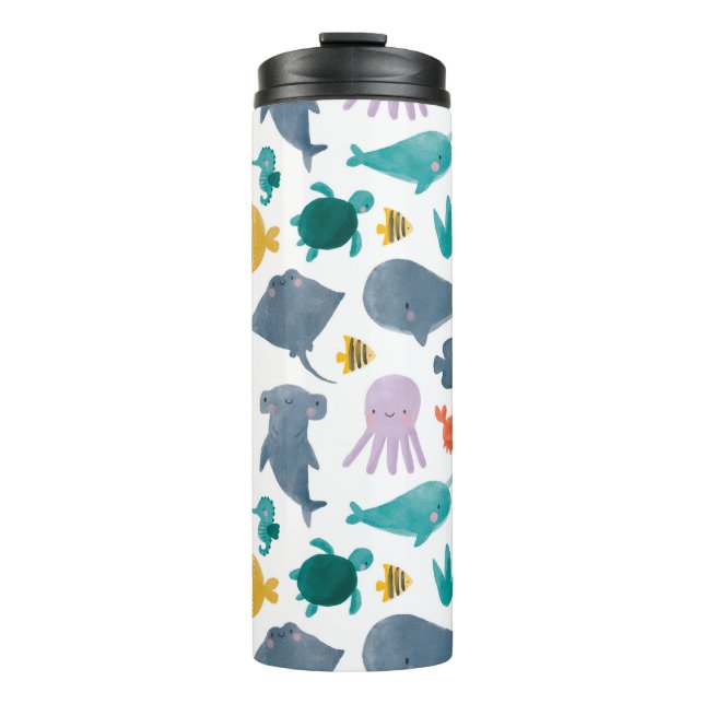 Cute Watercolor Ocean Animals Pattern Thermal Tumbler (Front)