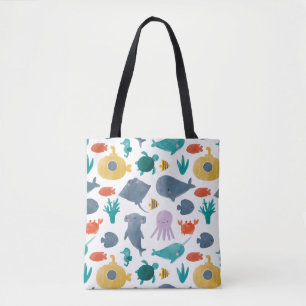 Cute Watercolor Ocean Animals Pattern Tote Bag