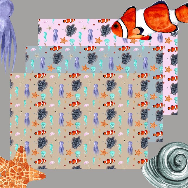 Cute Watercolor Ocean Animals Sea Life  Wrapping Paper Sheet (Creator Uploaded)