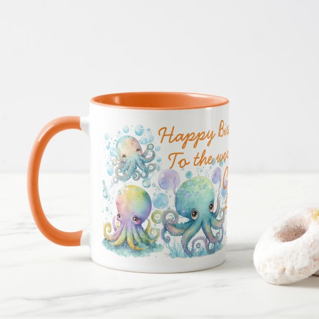 Cute Watercolor Octopus Two Toned Orange Mug (With Donut)