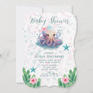 Cute Watercolor Octopus With Bubbles Baby Shower Invitation