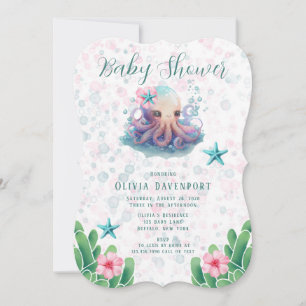 Cute Watercolor Octopus With Bubbles Baby Shower Invitation