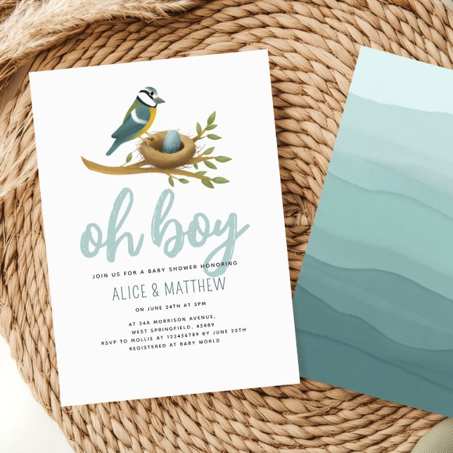 Cute Watercolor Oh Boy Bird Egg Baby Shower Invitation (Creator Uploaded)