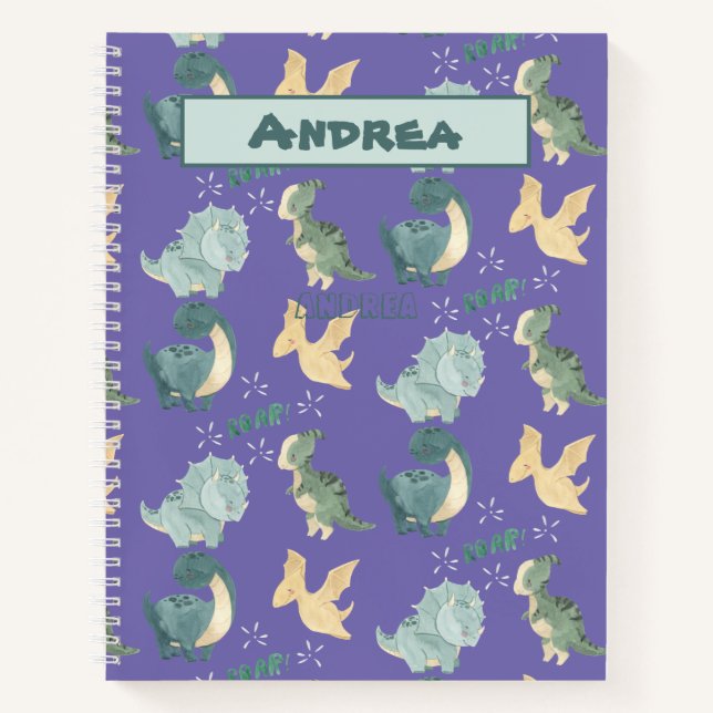 Cute Watercolor on Light Purple Dinosaur Pattern Notebook (Front)
