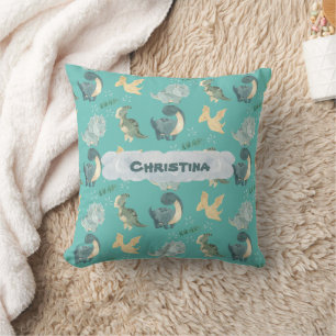 Cute Watercolor on Light Teal Dinosaur Cloud Name Cushion