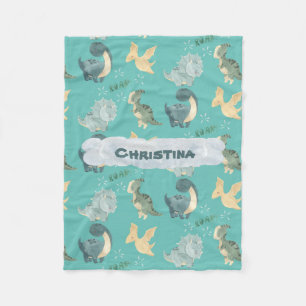 Cute Watercolor on Light Teal Dinosaur Fleece Blanket