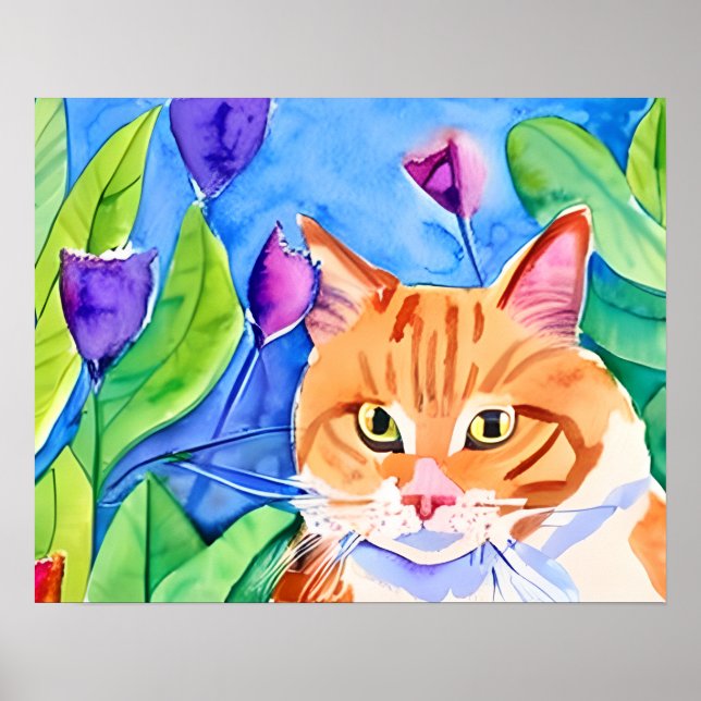 Cute Watercolor Orange Cat and Pretty Flowers Poster (Front)