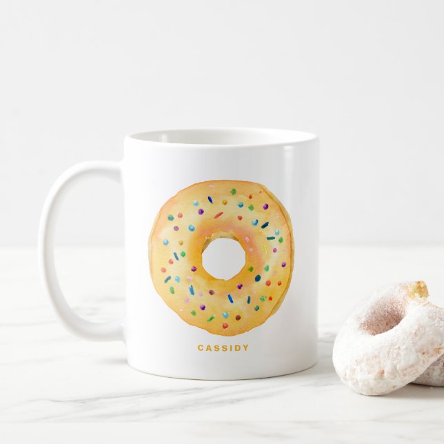 Cute Watercolor Orange Doughnut Sprinkle Personali Coffee Mug (With Donut)