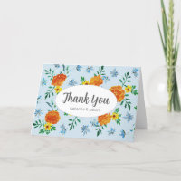 Cute Watercolor Orange Marigold Flowers Light Blue
