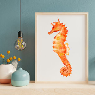 Cute watercolor orange seahorse illustration poster